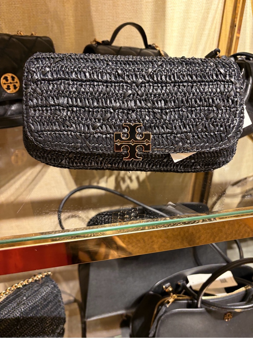 Tory Burch Black Woven Raffia Crossbody with Gold Logo new with tag